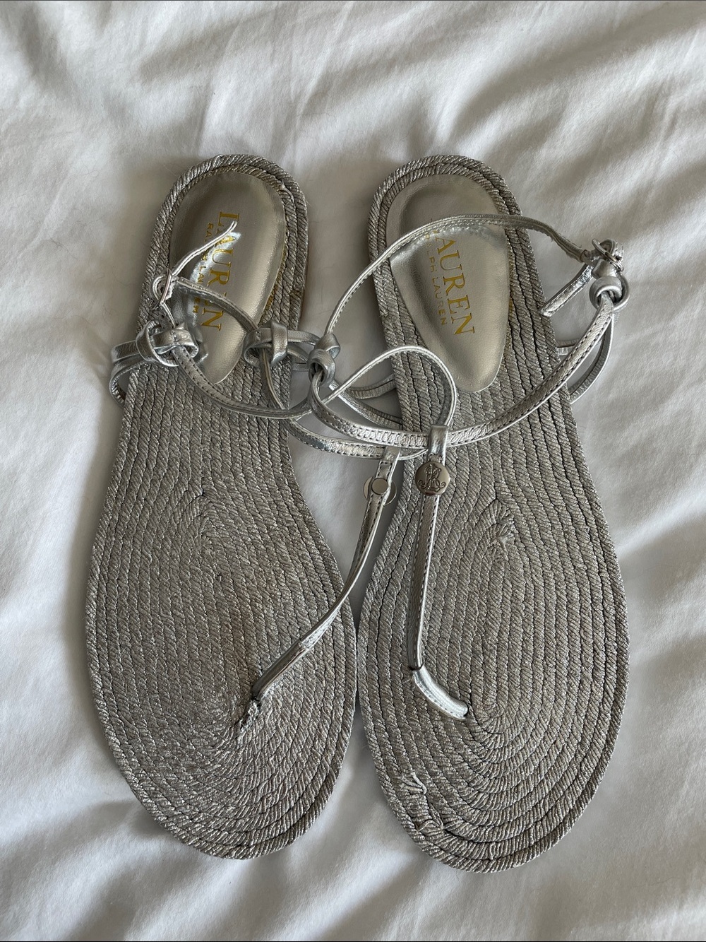 NEW!!! Ralph Lauren Metallic Silver Rope-Style T-Strap Sandals
